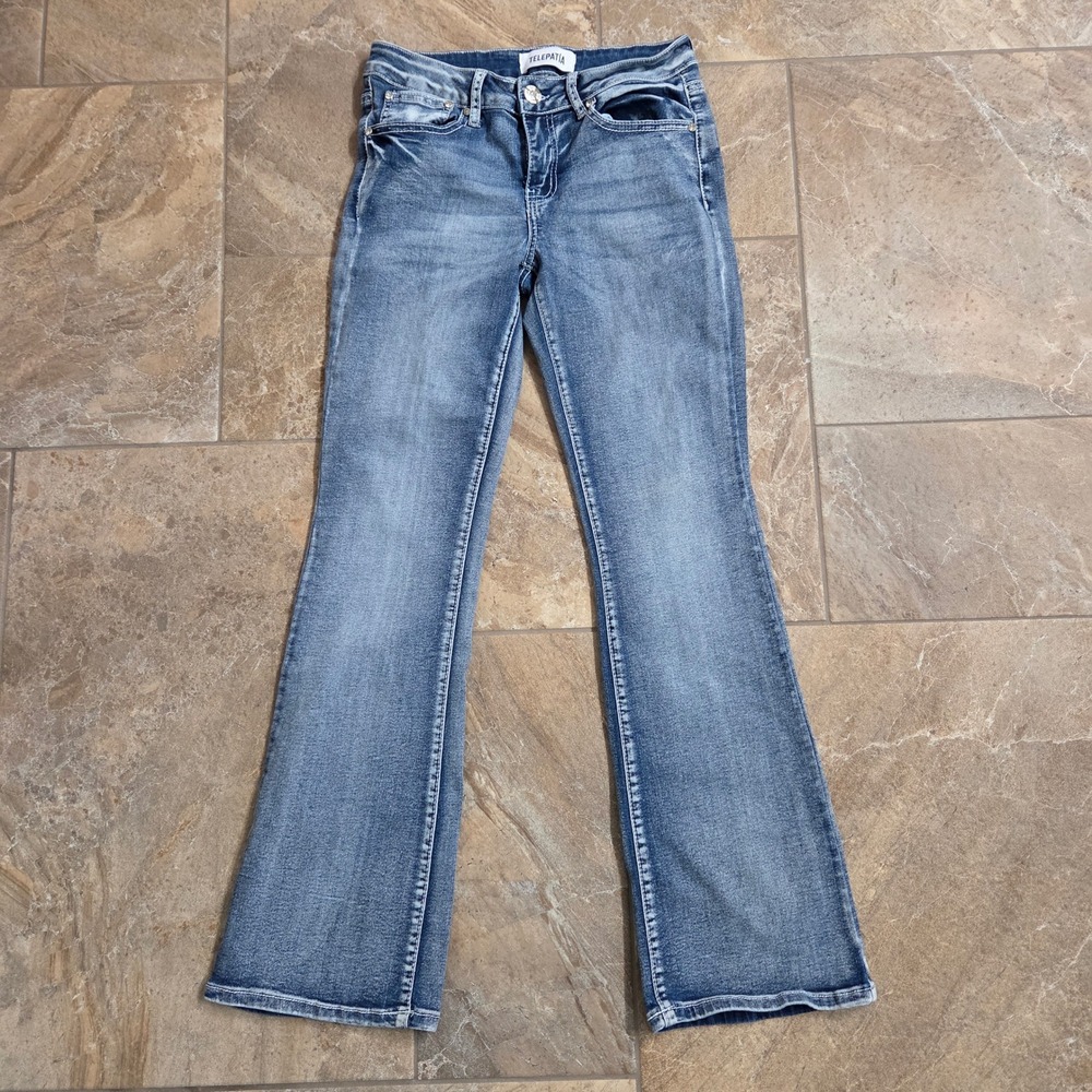 Vintage Y2K TELEPATIA Women Jeans 5/27 Blue Wash Flare Embellished Pockets Denim